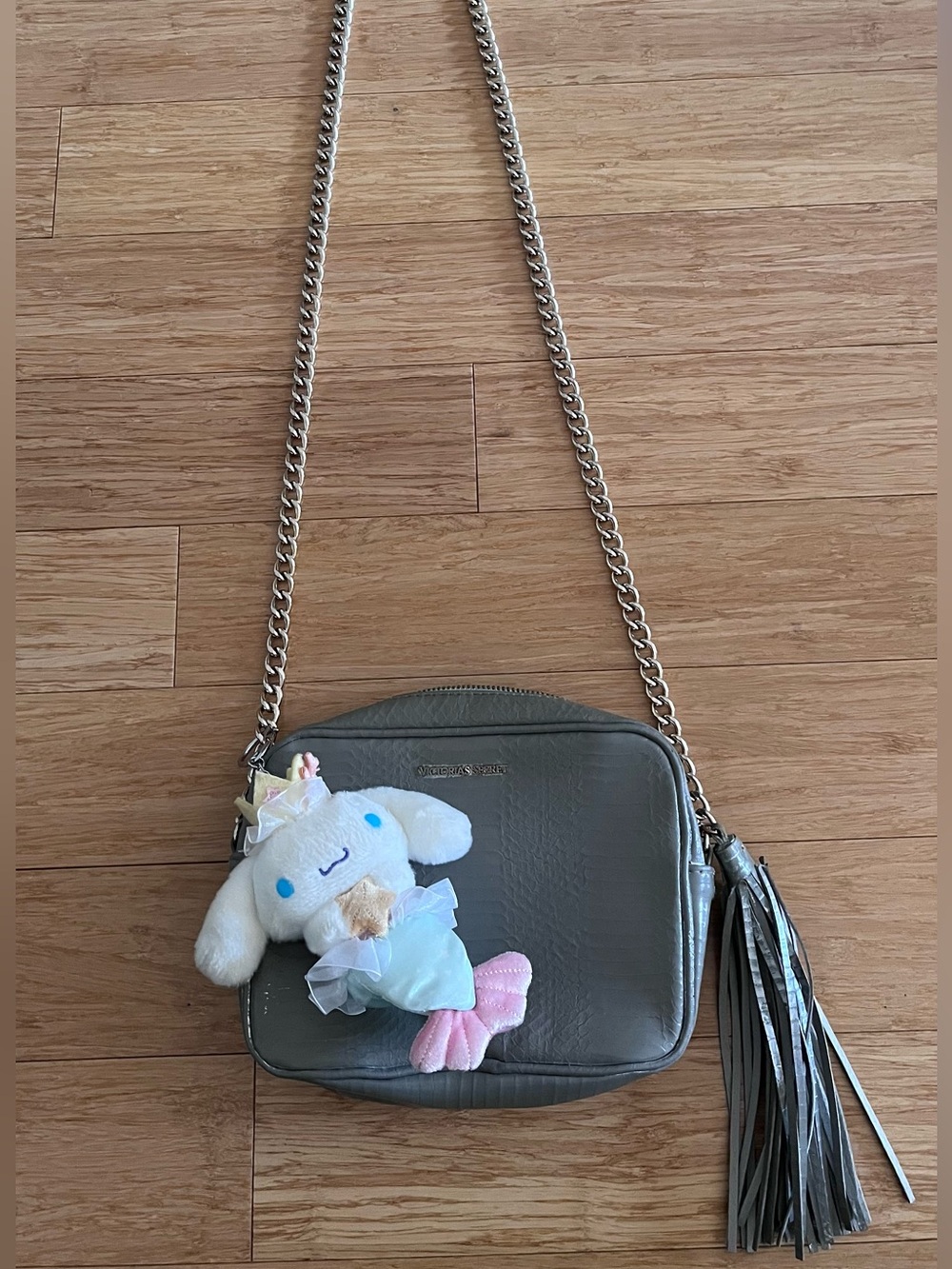 Grey Silver Textured Leather Gold Chain Victoria’s Secret Crossbody bag